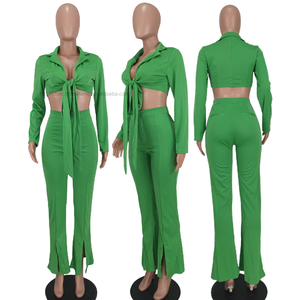 ชุดเซ็ตสองชิ้นแฟชั่นสำหรับสาวสูง ดีไซน์ใหม่ เสื้อแขนยาว กางเกงขาบาน - Product Image 6