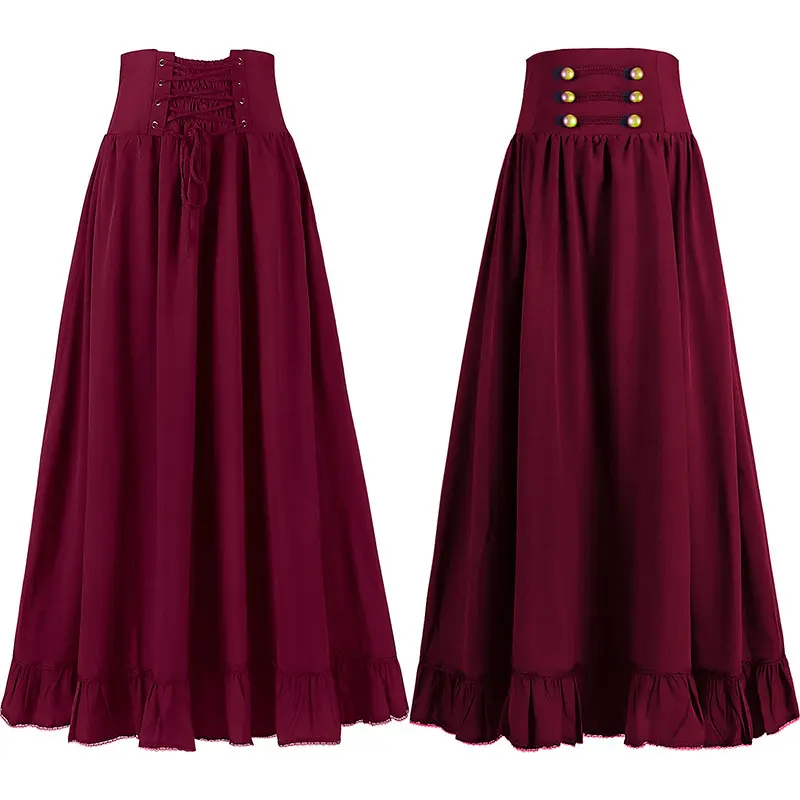 Womens Renaissance Skirt Smocked Back Ruffled Hem Skirts Spring Fall Winter Summer Party Club Gothic Flared A-Line Maxi Skirt