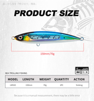 Leurre de Pêche Hunthouse pour Eau Salée, 150mm 70g, Thon GT, Appât Dur en Plastique Coulant, Stickbait Plongeant, Pencil Bait avec Hameçons Origin