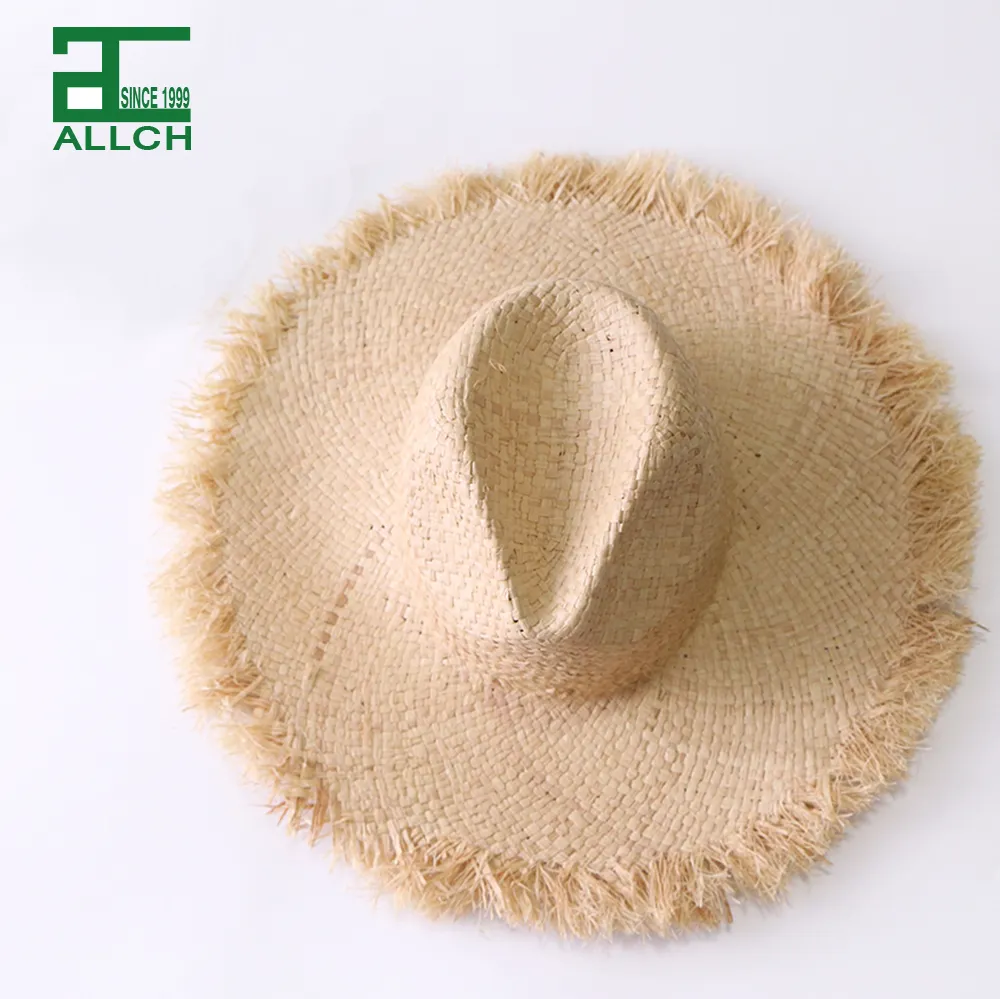 ALLCH-sombrero de paja con bordes deshilachados de Color Natural, sombrero de paja para playa, rafia Panamá