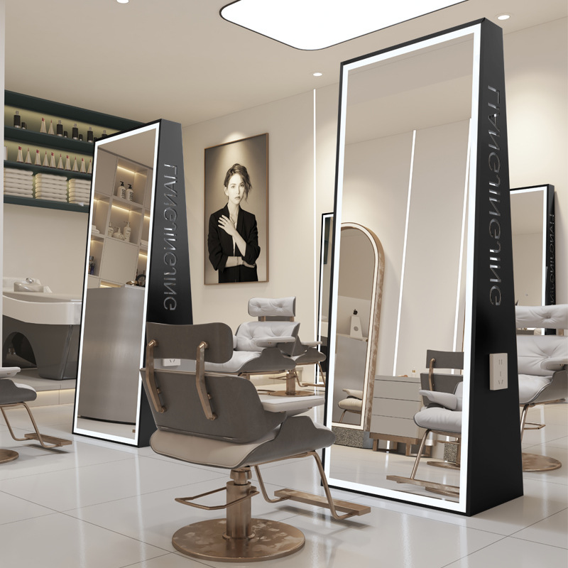 Double-sided floor mirror-black stainless steel frame-with light