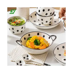 YIHEYI Modern Polka Dot Hitam dan putih, Set peralatan makan Premium sederhana keramik mangkuk sendok cangkir dengan kotak hadiah untuk hadiah pernikahan