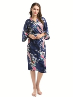 Ladies Sexy Long Pyjamas Kimono Robe Papillon Fleurs Impression Peignoir Sleeping Robe Fashion Dressing Robe Femme