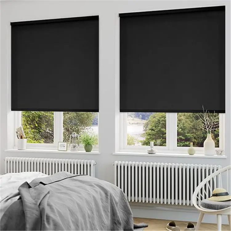 Blackout Motorizado Smart Window Blinds Controle Remoto Protetor Solar Impermeável Cor Preta Duplo Rolo Persianas Para Escritório