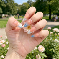 Faux ongles en ABS en forme d'amande, style français, bleu et blanc dégradé, en relief 3D, réutilisables, à porter, pour manucure DIY, gel acrylique