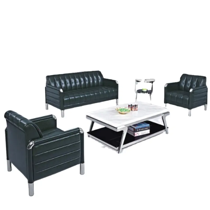 Conjunto de sofás de oficina y recepción, marco de hierro plateado moderno, de cuero pu negro, venta al por mayor