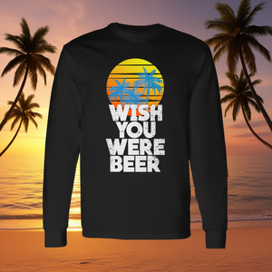 Camiseta de manga larga con diseño de palmeras al atardecer en la playa, Wish You Were Beer - Product Image 3