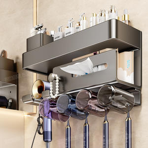 Organizador de baño montado en la pared, color gris plomizo, con soporte para cepillos de dientes y almacenamiento de cosméticos, montaje en esquina, estante rectangular duradero - Product Image 1