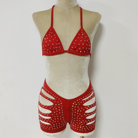 Ensemble deux pièces en nylon pour femmes, tenue de danseuse, avec strass, haut de bikini, body sexy pour filles, vêtements de danse exotique