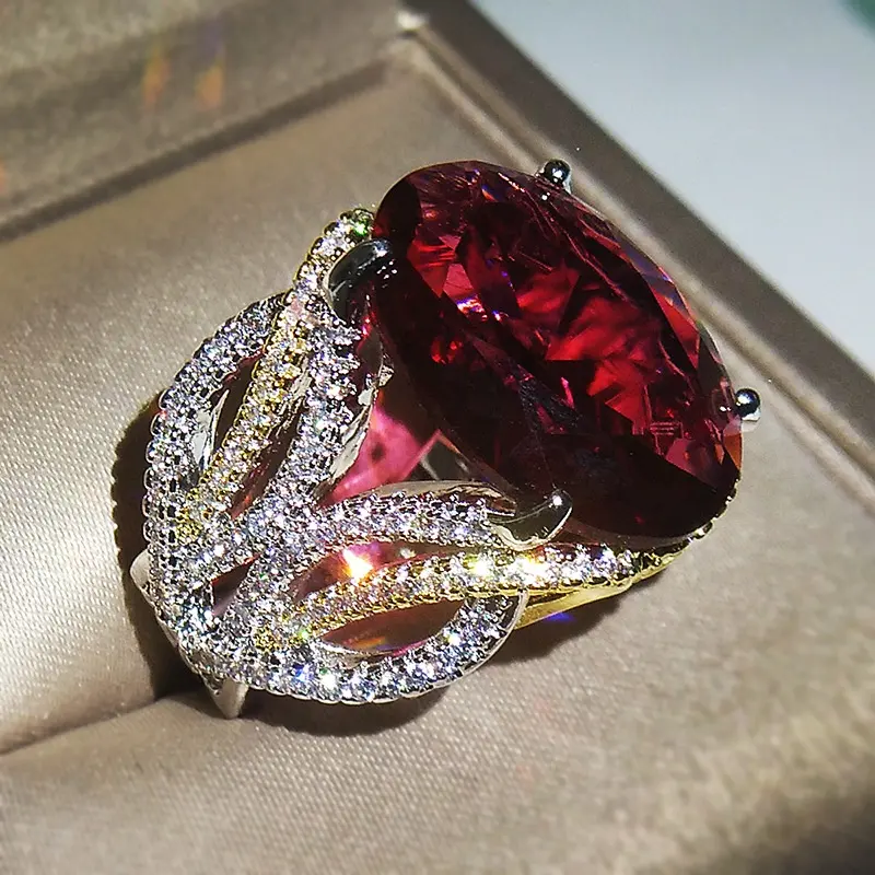 Anel luxuoso oval de pedra vermelha, grande, para mulheres, cor vintage, grande, de cristal, de zircônia, alianças de casamento, noivado