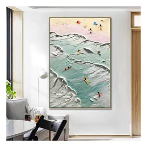 Handpainted Palette Knife People Swimming Artwork Thick Beach 3D Wall Art Decor Landscape Painting