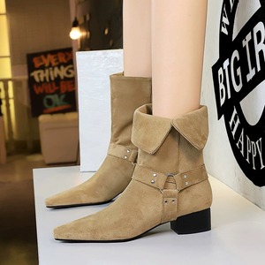 Bottines mi-mollet à talon carré pour femme, style western rétro, bout pointu, boucle de ceinture, en faux daim, coupe ajustée - Product Image 1