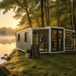 <span class=keywords><strong>Maison</strong></span> conteneur extensible à un étage, bâtiment modulaire préfabriqué avec façade vitrée, structure en acier étanche pour complexe hôtelier, café, boutique - Product Image 1