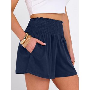 ANRABESS Women's High Waisted Smocked Shorts Breathable Polyester Summer Casual Lounge Beach Wear With <b>Pockets</b> - Product Image 3
