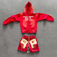 Ensemble sweat à capuche et short vintage délavé à l'acide, effet usé, 400 g/m², sweat à capuche personnalisé avec fermeture éclair, short imprimé en relief