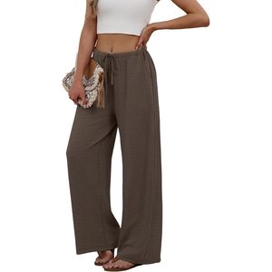 Pantalon palazzo fluide à jambes larges pour femme, taille haute, cordon de serrage, taille élastique, avec poches, vêtements d'été pour les vacances à la plage - Product Image 4