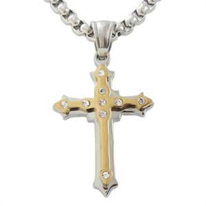 Stainless Steel Cross Pendant <b>Necklace</b> Men's Geometric Design Pave Setting 120221 - Product Image 1