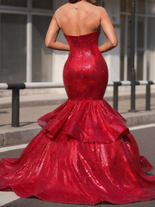 LY-PD0220 Formal <strong>Red</strong> <strong>Sequin</strong> Mermaid V-neck Off-Shoulder Sleeveless Floor-Length Sweep Train Modern Party Gown 100% Polyester - Product Image 3