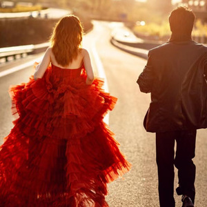 Strapless Red Chiffon Ball Gown Dress Natural Waistline For Outdoor Photography Studio Wear - Product Image 4