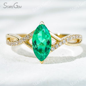 Starsgem 1.1ct 5*10mm Marquise Cut Lab Grown Esmeralda con banda de cuerda 18K Oro amarillo Pave Anillo de compromiso - Product Image 1
