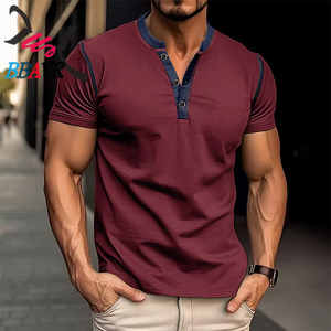 2024 Summer Men's Short Sleeve Henry Shirt Foreign Trade Men's Crew Neck T-shirt Color-<b>blocked</b> Body Shirt - Product Image 4