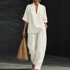 Women's Casual <b>Linen</b> Suit <b>Set</b> V-Neck Top Wide Leg Pants Solid Color SMLXLXXL3XL4XL5XL Europe America Style - Product Image 1