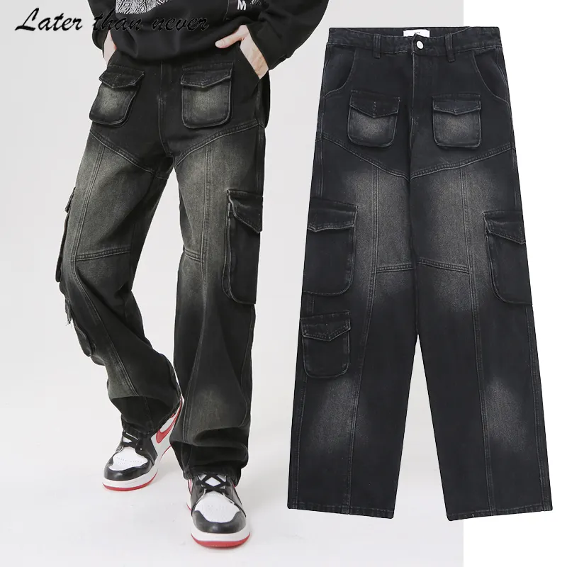 High Street Cargo Pantalon Hommes Jeans Droite Lâche Ajustée Noir Jean Pantalon Pour Hommes Denim Parachute Pantalon Pantalones masculinos