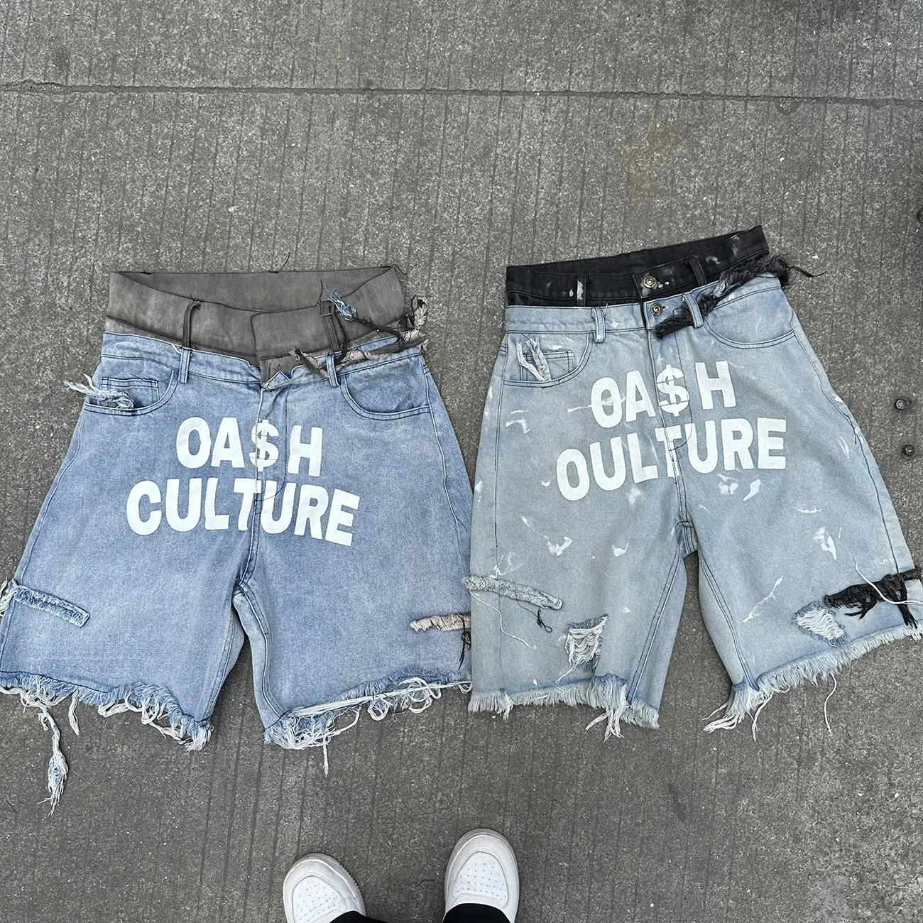 Shorts jeans de cintura dupla camada para homens, shorts largos empilhados personalizados para uso na rua