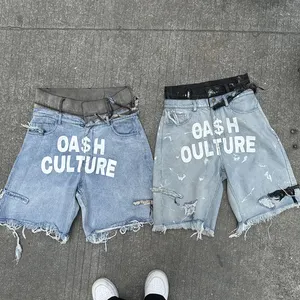 Shorts jeans de cintura dupla camada para homens, shorts largos empilhados personalizados para uso na rua