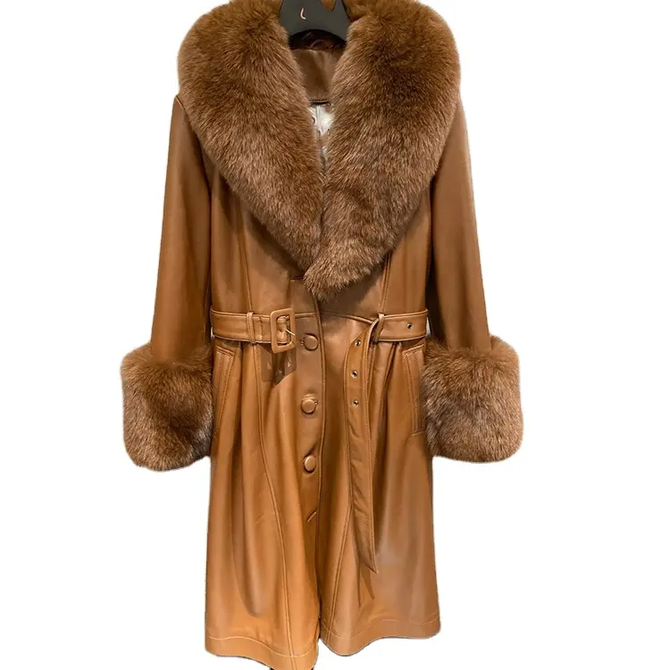 Puño de piel de zorro para mujer, abrigo de piel de oveja Real Regular con cinturón largo, con cuello de piel, venta al por mayor
