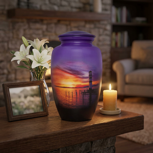 Urna Funeraria de Aluminio Hecha a Mano para Cenizas Humanas |   Diseño pintado del faro del atardecer |   Urna Conmemorativa para Cremación de Adultos |   Tamaño Personalizado - Product Image 2