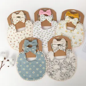 Wholesale Newborn Printed Saliva Towel 2-Layer Gauze Infant Cotton Bib Baby Bow Headband Sets