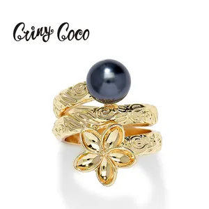 Cring Coco Goedkope Kristal Vergulde Parel Verstelbare Pearl Emaille Grote Sieraden Bloem Ringen Hawaiiaanse Ringen 0.99Usd