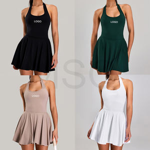 Großhandel Fitnesskleidung Tennisbekleidung Damen Nude Halter Golfkleid <span class=keywords><strong>2</strong></span>-in-1 mit Innenshorts und Taschen Einteiliger Sportrock - Product Image 3