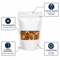 Groothandel op maat bedrukte staande pouch met venster, hanggat, ritssluiting, hersluitbaar, food grade zakje voor cashewnoten en gedroogd fruit