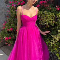 Robe Midi en Tulle Rose Vif pour Femme, Col Cœur, Bretelles Fines, Coupe Bouffante Évasée, Idéale pour Bal de Promo et Fêtes d'Anniversaire, Fabrication OEM Personnalisée