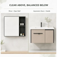 Meuble-lavabo mural en aluminium alvéolé kaki avec lavabo, poignée noire, comptoir en céramique, miroir et étagère latérale de rangement