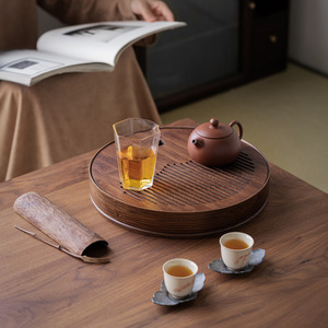 Bandeja de té redonda de bambú Wuxi Hall con tetera y tazas para uso en el hogar y la oficina - Product Image 1