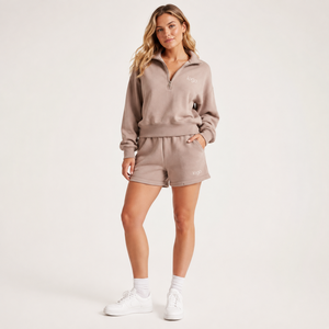 Ensemble short et sweat-shirt demi-zip en molleton de coton OEKO-TEX pour femme, fabrication OEM, logo personnalisé, marque privée, faible MOQ, vente en gros - Product Image 1