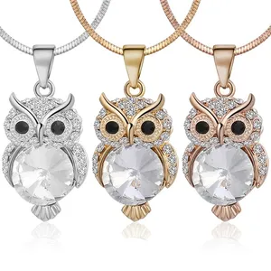 Rose Gold Color Silver Chokers Snake Chain Crystal Necklace Sweater Jewelry Fashion Small Cute Owl Bird Pendant For Women Gift