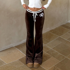 Retro Casual Breathable <b>Ladies</b> <b>Velvet</b> Straight Pants White Floral Embroidery Contrast Trim Drawstring Low Rise Flare <b>Trousers</b> - Product Image 4