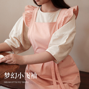 Solid Color Cotton Apron With Ruffle Shoulder Straps For Cooking And Daily Use Creamy Pink - Product Image 2