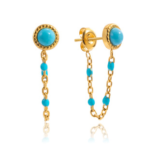 Boucles d'oreilles pendantes en turquoise bleue avec chaîne et pampille, en acier inoxydable, serti clos, bijoux de soirée - Product Image 5