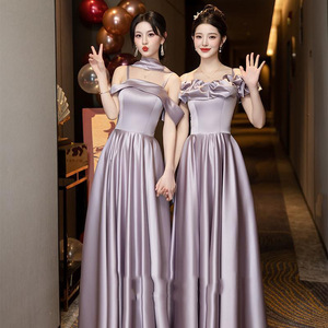 Bridesmaid Dresses Purple Satin A-Line Sweetheart Neckline Natural Waist Long Gown For Wedding Party Adult Wear - Product Image 1