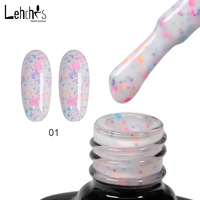 Gel UV de base laiteux tendance aux couleurs fruitées rose et violet, avec flocons et points, vernis à ongles Tutti Frutti, gel de base caoutchouc