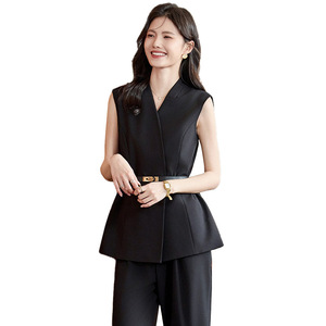 Women's Sleeveless Top And Straight Leg Pants Set Solid Color Polyester Satin Casual Suit Breathable No-Wrinkle Treatment - Product Image 5