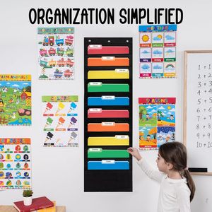 10 Pocket File Organizer Chart Black 14x47 Wall Mount <b>Storage</b> For Office Home Use Polyester Material - Product Image 4