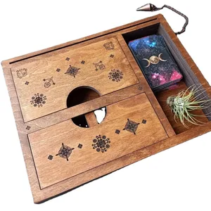 JUNJI Large Deep Tarot Wood Card Box With Tarot Card Stand Crystal Stone Display Tray Holder Wood Tarot Card Holder