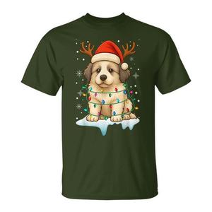 Camiseta navideña con luz navideña, reno, gorro de Papá Noel, Great Pyrenees - Product Image 1