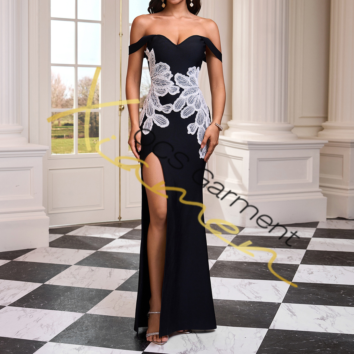 chinese dress ladies Black v neck tulle lace dress with stars sequins 043 – PreppyDress main image 1